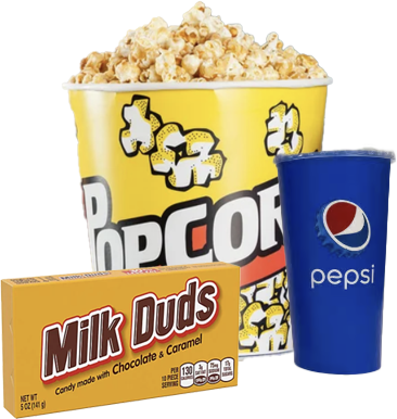bucket of popcorn, box of candy and cup of soda